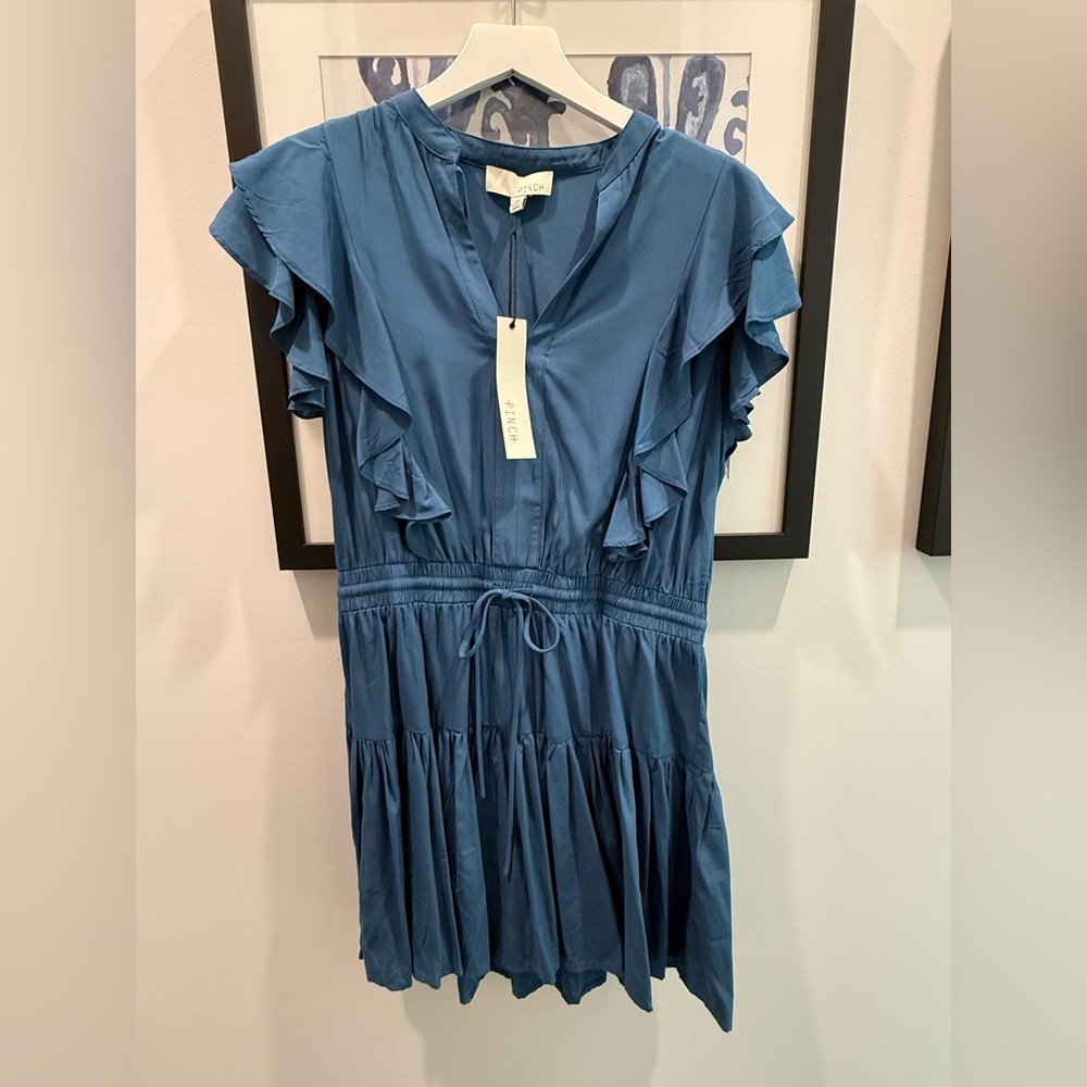 Pinch Blue Ruffle Sleeve Mini Dress Tie Waist Tiered NWT Size Medium
